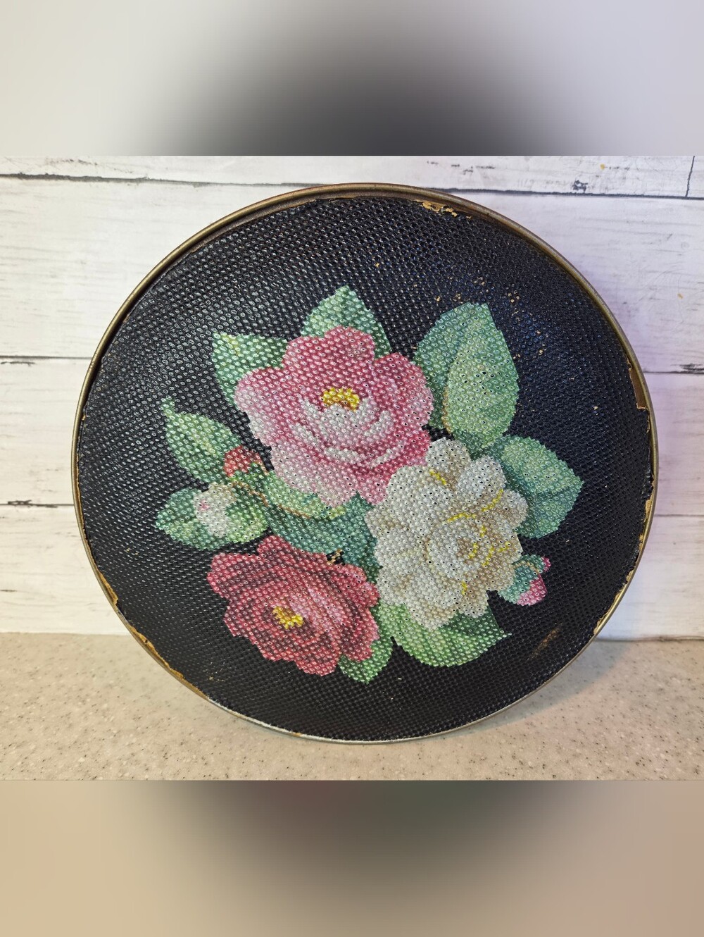 Vintage Sunshine Biscuits Guildcraft Sewing Tin Floral Textured MCM Round 10"